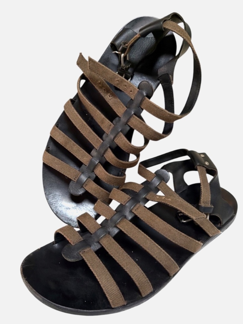 Balenciaga Gladiator Sandals Brown Canvas & Black Leather Ankle Strap EU 41